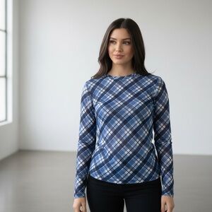 Pink Lily Navy Plaid Long Sleeve Top